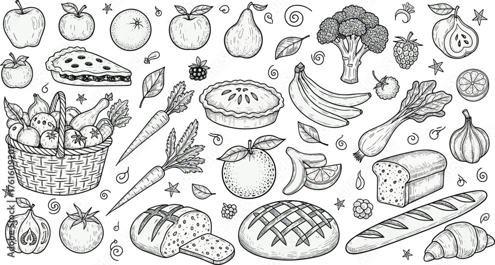 Obraz premium Black and white food vector illustration with fruits, vegetables, bread, pies — healthy meal elements in hand drawn sketch style