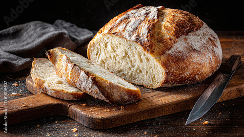 Artisan sourdough bread sliced on wooden board with knife and crumbs