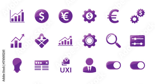 Set of 15 modern purple glossy UI icons for business, finance, and technology, including graphs, currency symbols, gears, magnifying glass, settings, user profile, and toggle switches, on a black