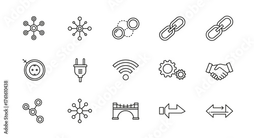 A collection of clean, minimalist line icons representing various connection and technology concepts, including network nodes, chain links, electrical plugs, Wi-Fi signals, gears, handshakes