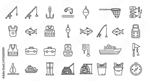 Fishing Icon Bundle: A Comprehensive Collection of Outline Graphics for Graphic and Web Design, Apps, Advertisements, and Various Cards. This Vector Cartoon Illustration Set Captures the Essence of