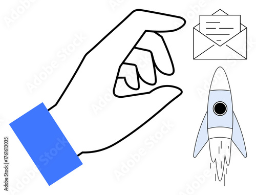 Hand in pinch gesture beside a launching rocket and open envelope symbolizing creativity, communication, innovation, teamwork, progress, business strategy, and success. Ideal for a simple flat