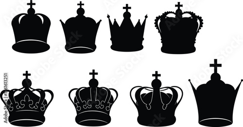 Royal crown silhouette vector collection with luxury symbols, vintage design, monarchy power, king queen authority, heraldic emblem, royalty illustration art