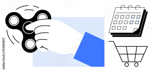 Hand spinning a fidget spinner, next to a calendar and shopping cart. Ideal for stress relief, time management, shopping, focus, planning, productivity, simple flat metaphor