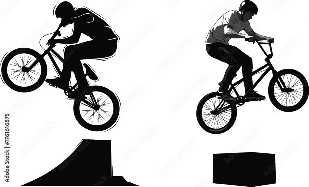 Fototapeta premium Silhouette and vector illustration of BMX stunt riders performing extreme tricks with bicycle jumps, freestyle action, balance, sport, and adrenaline.