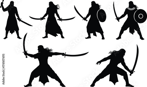 Silhouette illustration of ancient warrior fighters with swords and shields in battle poses, medieval combat soldiers, heroic action vector design.