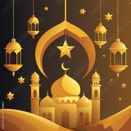 Golden Mosque with Crescent Moon and Star,Islamic Ramadan and Eid Mubarak Illustration
