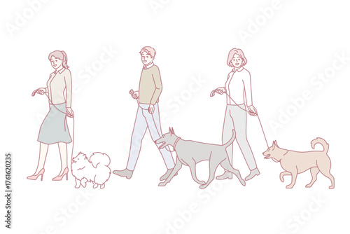 People with dogs on leashes walking on canine contest. Pet owners with domestic animals on competition. Vector illustration.