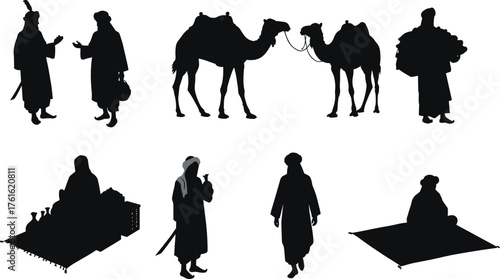 Silhouette illustration of Arabian people with camels, traders, sitting figures, traditional clothing, cultural lifestyle design, historical desert caravan vector.