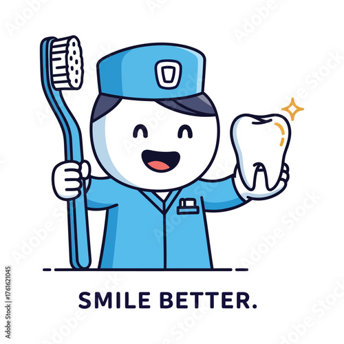 Happy cartoon dentist holding toothbrush and healthy tooth isolated on white background