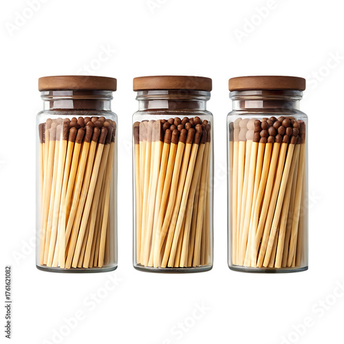 Three jars filled with matches against a black backdrop isolated on transparent background