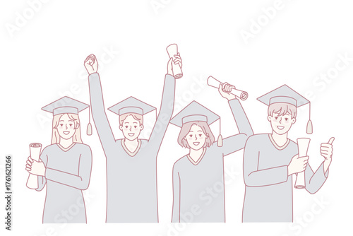 Excited people in mantles holding diplomas celebrate college graduation. Smiling students on university degree celebration. Education concept. Vector illustration.