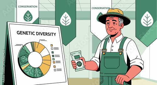 Illustration depicting a farmer advocating for genetic diversity in crops and agriculture