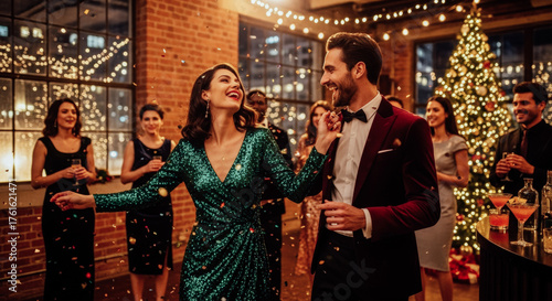 Joyful couple dancing with confetti in a festive Christmas party with friends in a brick-walled venue