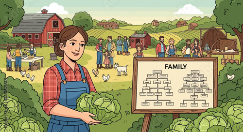 Illustrated depiction of a thriving agricultural community's heritage and roots