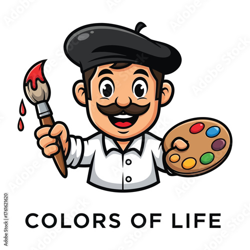 Happy cartoon painter with mustache holding brush and palette isolated on white background