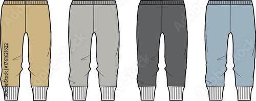 Concept of versatile comfortable jogger pants design set in various muted colors, ideal for loungewear, fitness, and everyday casual fashion template creation
