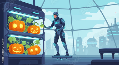 Futuristic halloween: Astronaut tending to glowing jack-o'-lanterns in a dome-shaped habitat