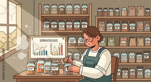 Female botanist analyzing seed germination rates in a seed laboratory environment