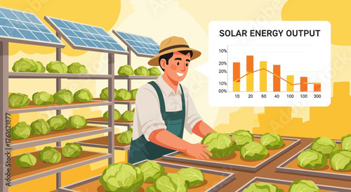 Sustainable agriculture illustration showcasing a farmer harnessing solar energy for cultivation
