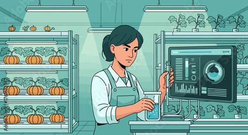 Innovative agriculture: woman scientist analyzes pumpkin growth data in a controlled environment