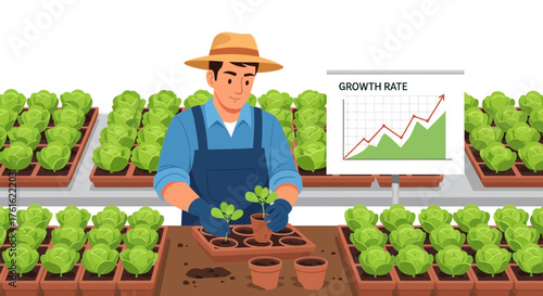 Farmer nurturing seedlings in a greenhouse with visible growth rate analytics