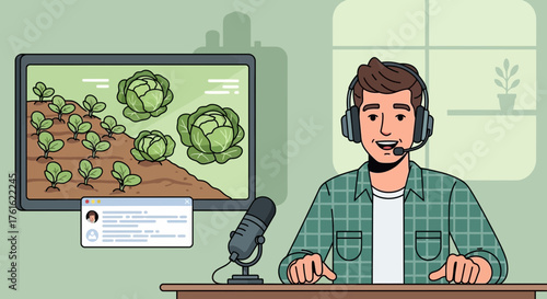 Agricultural broadcaster presenting online farming tips and cultivation techniques