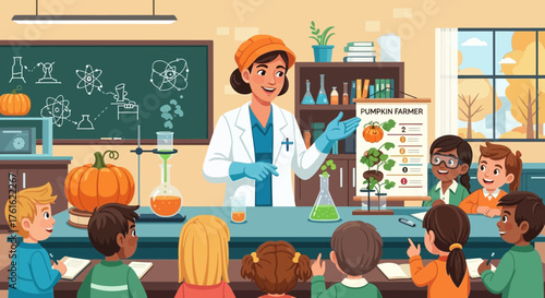 Enthusiastic teacher guides pumpkin science lesson for attentive students in classroom