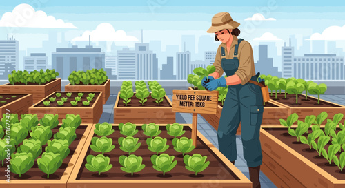 Sustainable urban farming initiative featuring a woman gardener tending to crops
