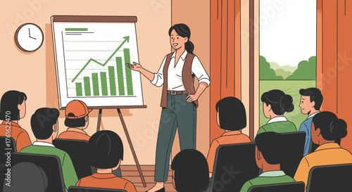 Professional woman delivering a compelling business presentation to engaged audience