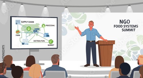 Presentation on food systems showcasing supply chain management at NGO summit