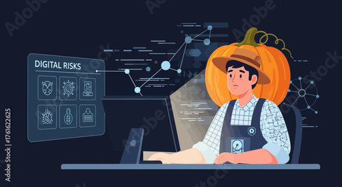 Illustrative depiction of digital threats facing agricultural technology with autumnal theme