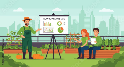 Engaging rooftop farming presentation and harvest analysis in urban setting