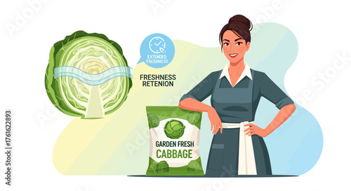 Illustration showcasing packaging and benefits of garden-fresh cabbage product