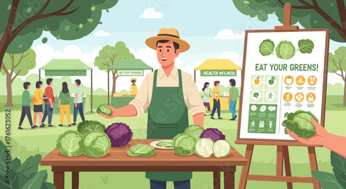 Vibrant Farmer's Market Scene Promoting Fresh Greens and Healthy Eating Concepts