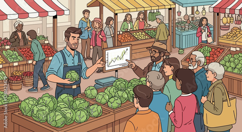 Dynamic scene of a bustling farmers market with a focus on cabbage sales analysis