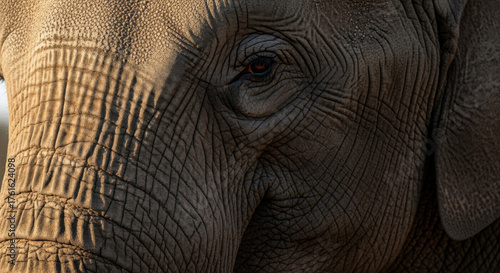 Close-up view of an elephant's eye and textured skin, bathed in sunlight.