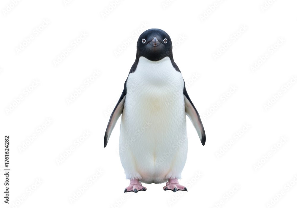 Fototapeta premium Isolated Adelie penguin stands at attention looking toward the viewer with curiosity