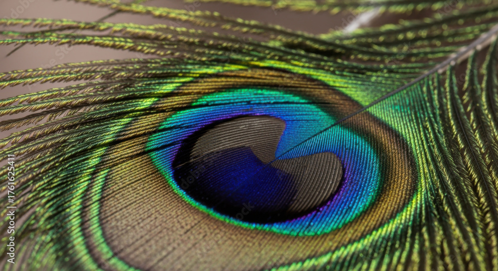 Naklejka premium Close-up of a vibrant peacock feather showcasing intricate patterns and colors.