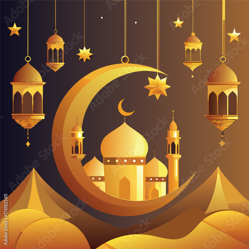 Golden Mosque with Crescent Moon and Star,Islamic Ramadan and Eid Mubarak Illustration
