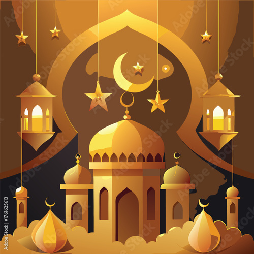 Golden Mosque with Crescent Moon and Star,Islamic Ramadan and Eid Mubarak Illustration