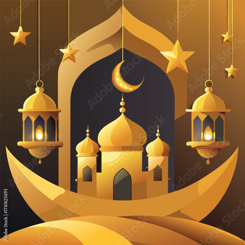 Golden Mosque with Crescent Moon and Star,Islamic Ramadan and Eid Mubarak Illustration