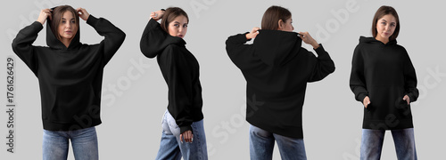 Mockup of black long hoodies with pocket on girl in blue jeans, hood, front, side, back view, isolated on background. Set