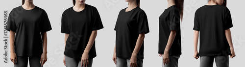 Mockup of black oversized t-shirts on a girl in gray jeans, front, side, back view, isolated on background. Set