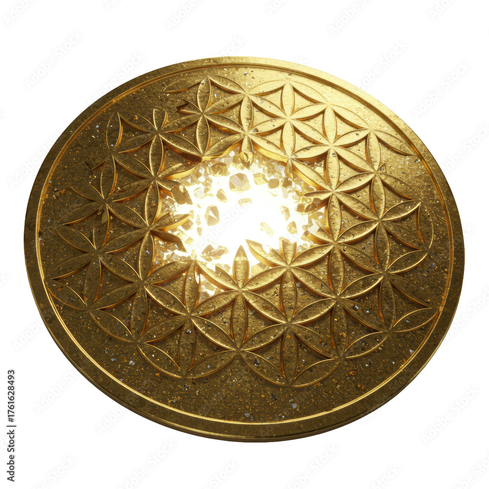 Fototapeta premium Golden flower of life symbol, molten gold, matte texture, fractured revealing glowing white core & halo, on transparent background. concept of mystical precision