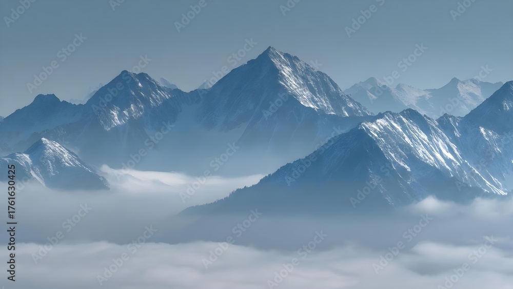 Obraz premium Snowy mountain peaks rising above a sea of clouds in a blue alpine landscape. Concept Snowy mountain peaks, Sea of clouds, Blue alpine landscape, Alpine scenery, Mountain panorama