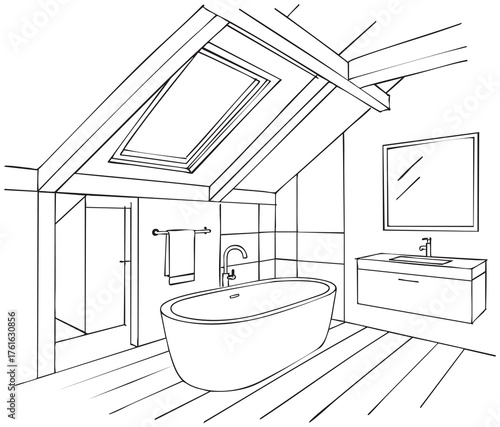 Sketch bathroom interior design with bathtub