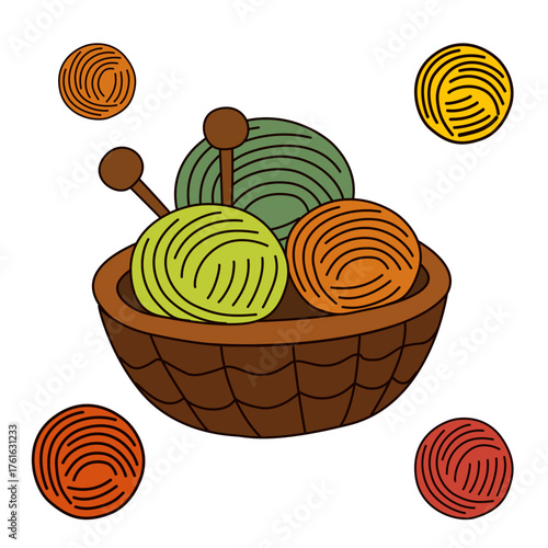 Basket with Colorful Yarn Balls, Cozy Knitting Clipart