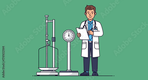 Doctor with Clipboard and Scales in Medical Setting.