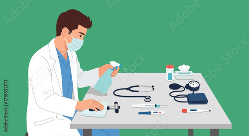 Doctor Sanitizing Medical Equipment on Table with Mask.